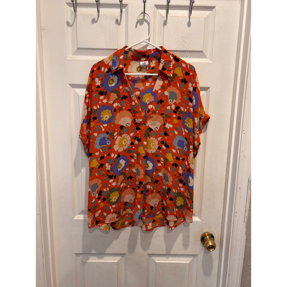 Cabi 5892 Replay Visionary Blouse Orange Floral V-Neck Short Sleeve Womens XL